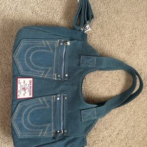 True Religion Denim Shoulder Bag with White Stitching